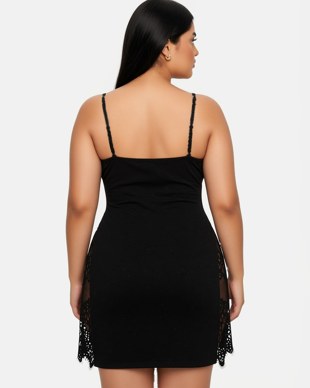 Plus Size Nightdress with Lace Side Panels, back view on model Reem (EUP-W05). onmodel