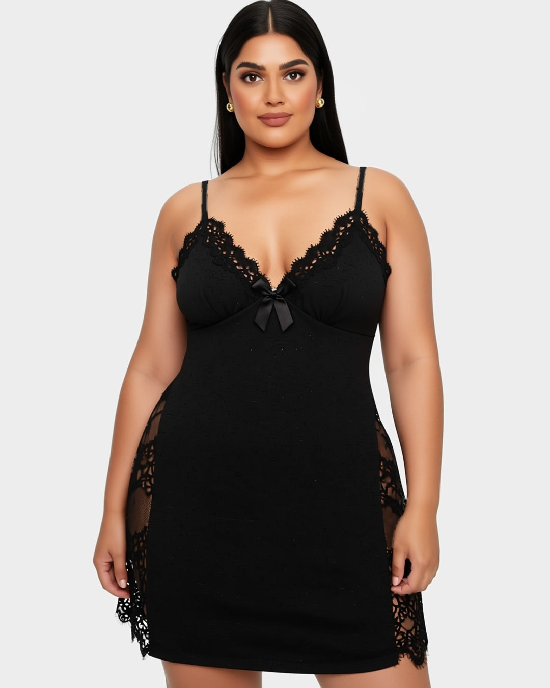 Plus Size Nightdress with Lace Side Panels, front view on model Reem (EUP-W05). onmodel