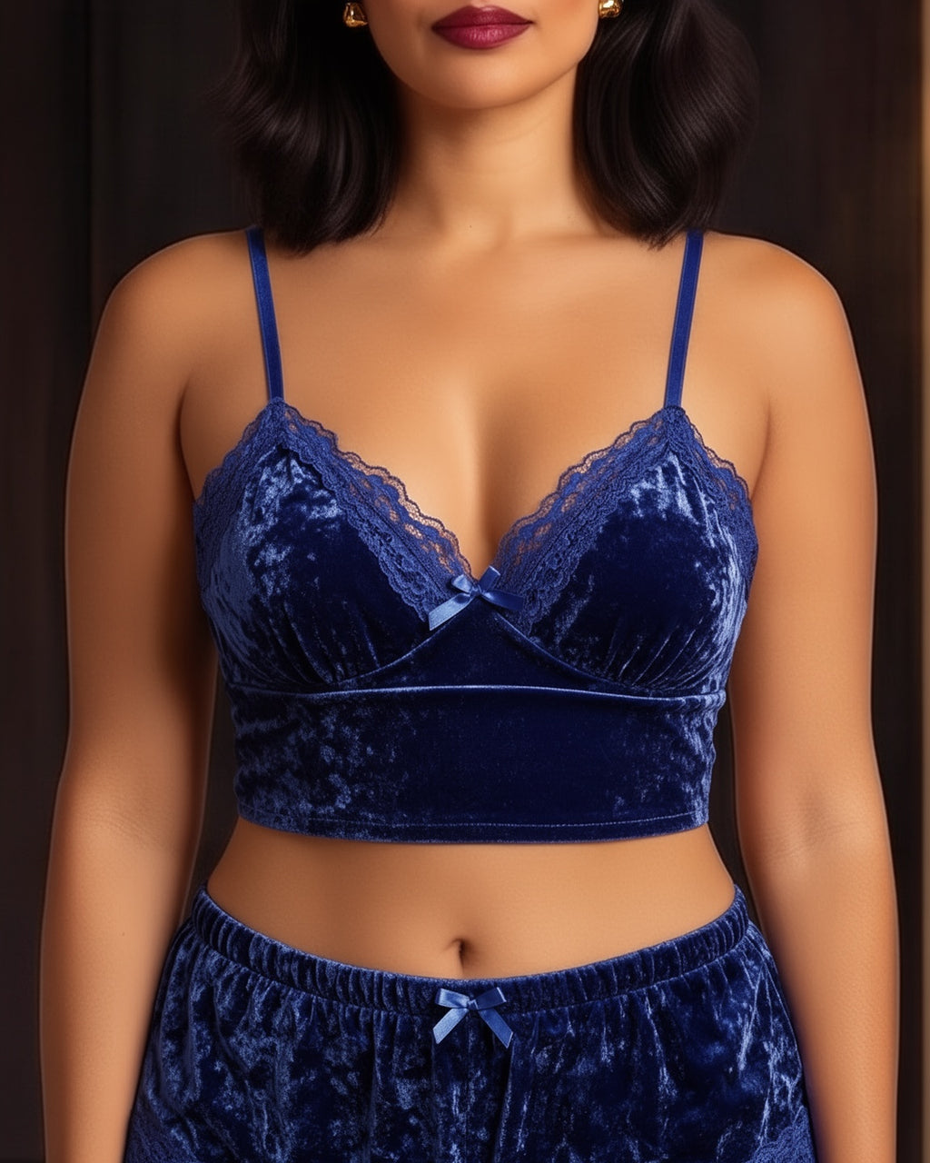 Crushed Velvet Bralette and Shorts Set in Royal Blue, close-up of the bralette on model Salma (EUP-W02). onmodel