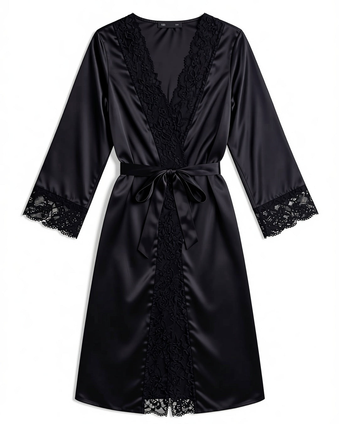 Lace Trim Satin Wrap Robe in Black, laid flat to show the full piece.