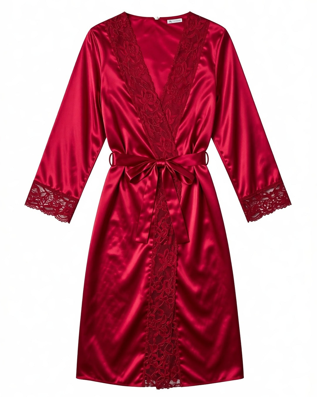 Lace Trim Satin Wrap Robe in Red, laid flat to show the full piece.