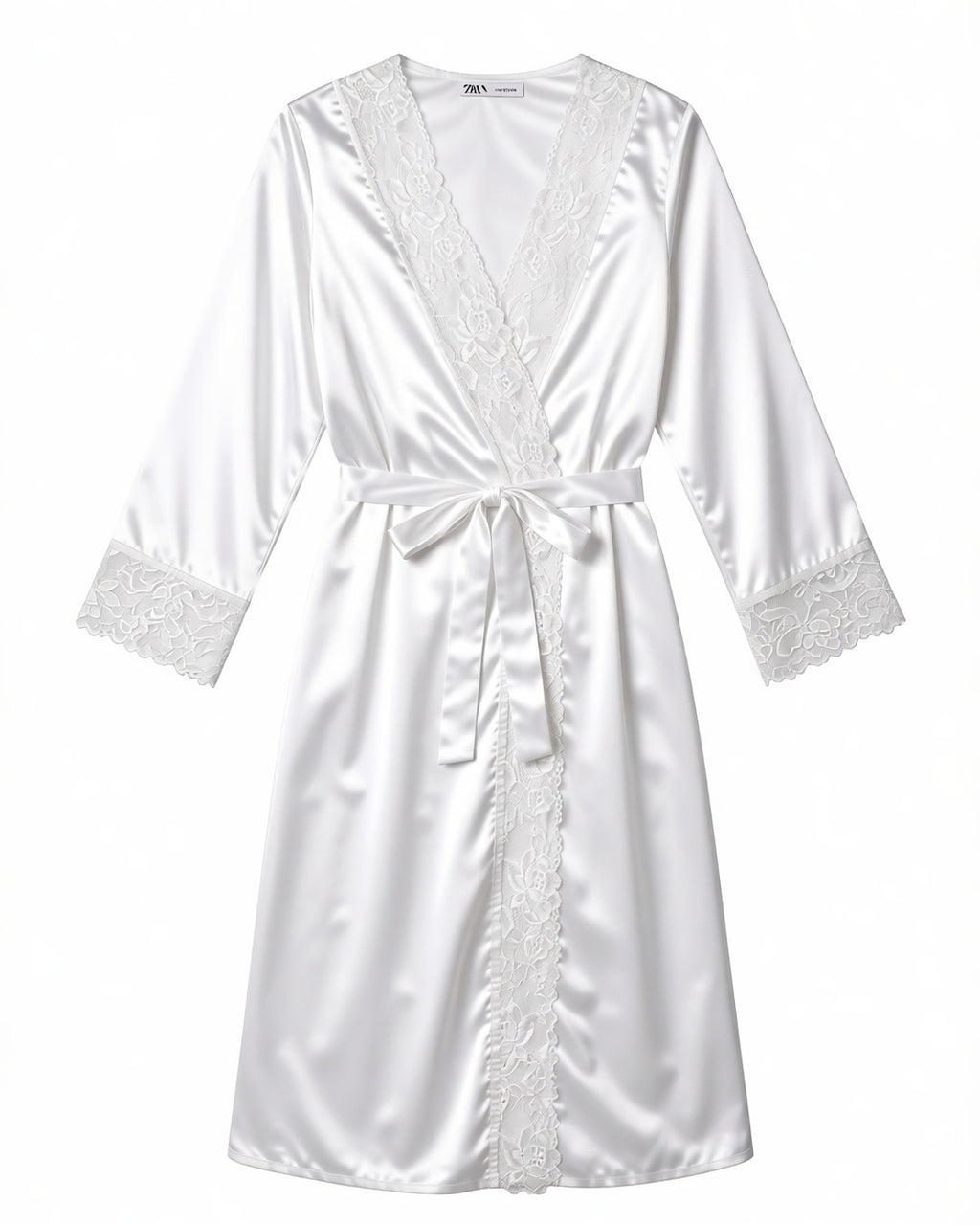 Lace Trim Satin Wrap Robe in White, laid flat to show the full piece.