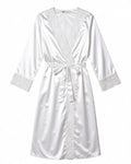 Lace Trim Satin Wrap Robe in White, laid flat to show the full piece.