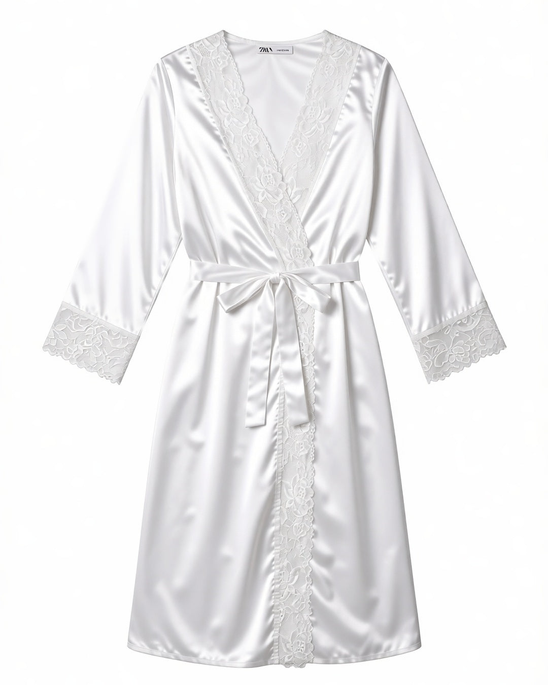 Lace Trim Satin Wrap Robe in White, laid flat to show the full piece.