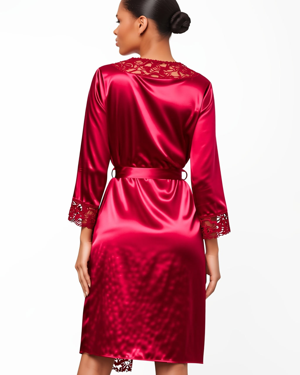 Lace Trim Satin Wrap Robe in Red, back view on model Amira (EUP-W03). onmodel