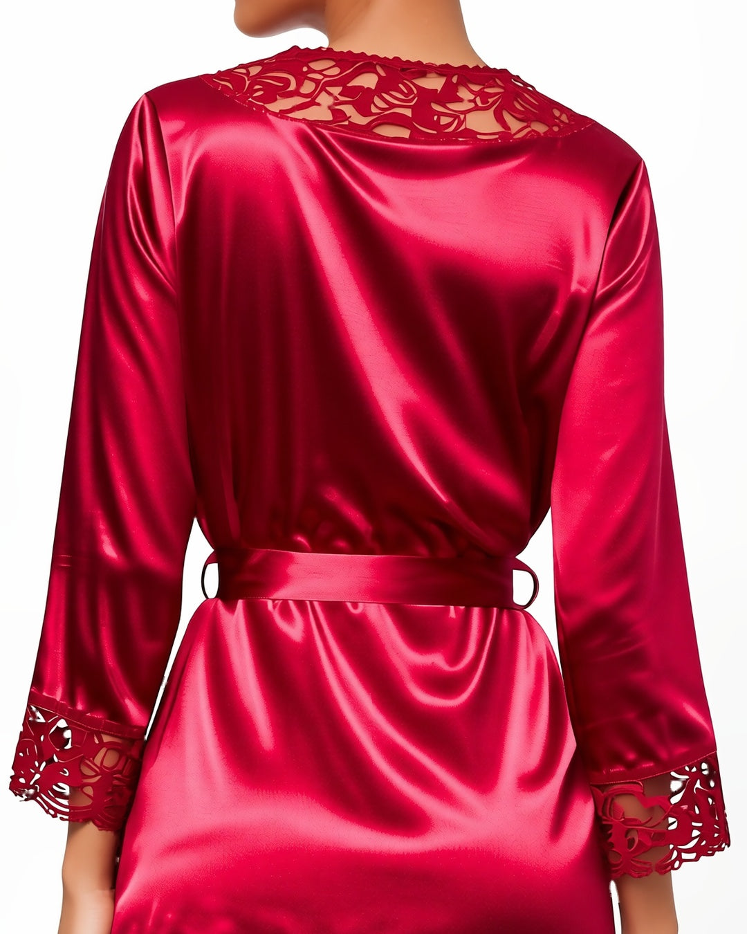 Lace Trim Satin Wrap Robe, detail close-up of the back of the closed robe and its tied belt. onmodel