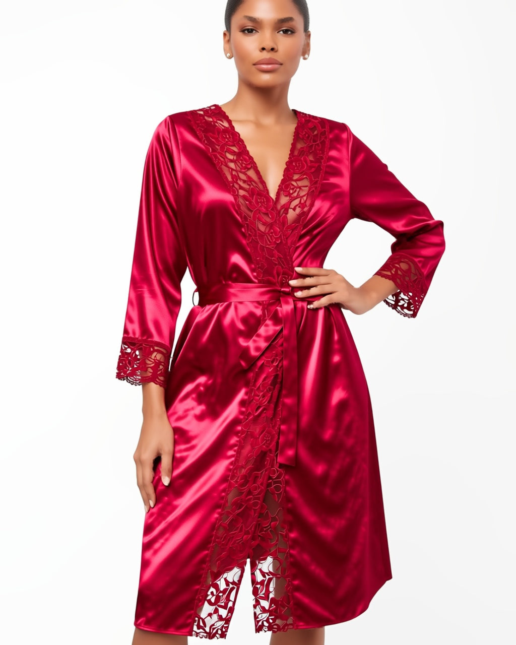 Lace Trim Satin Wrap Robe in Red, front view on model Amira (EUP-W03). onmodel
