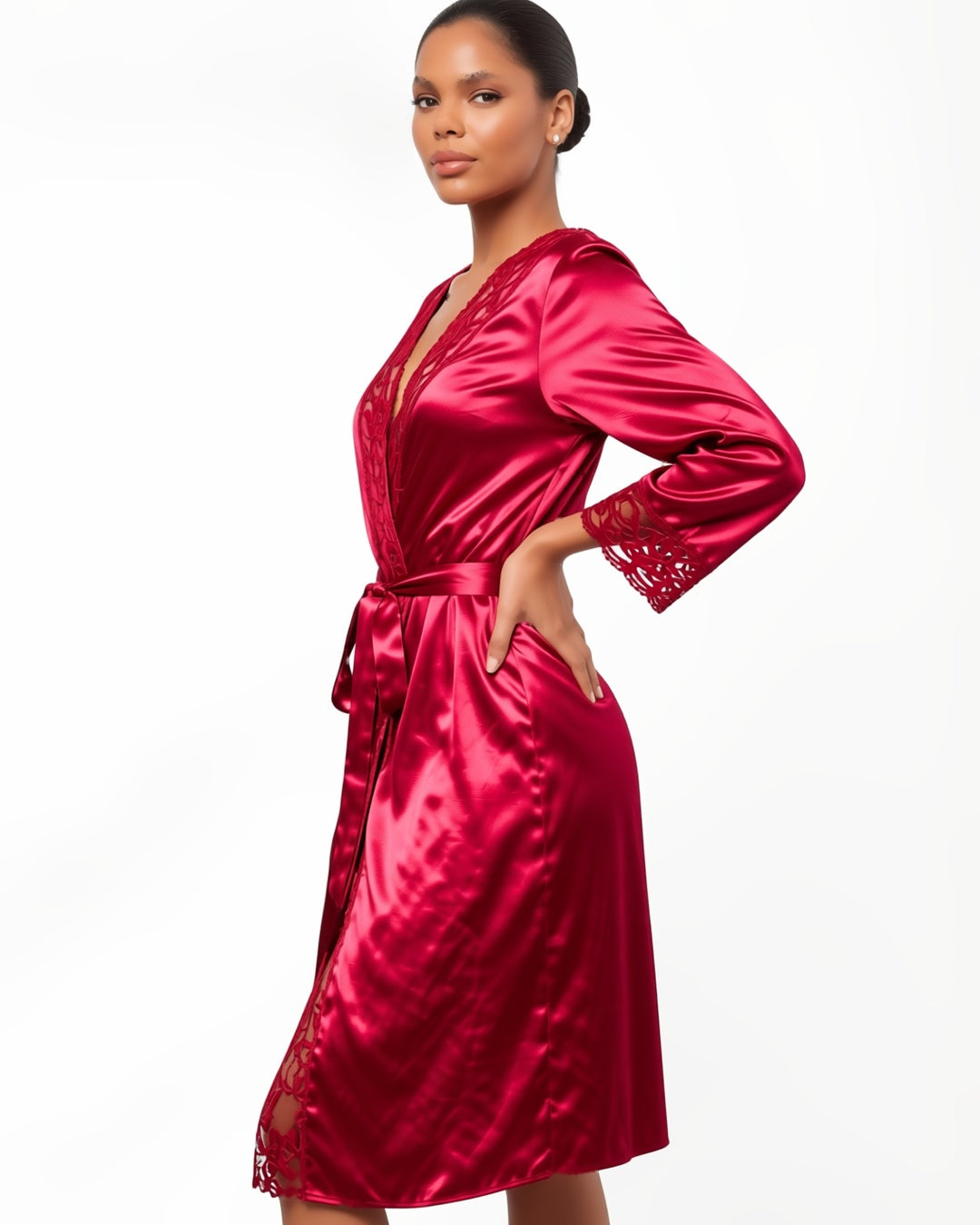 Lace Trim Satin Wrap Robe in Red, three-quarter view on model Amira (EUP-W03). onmodel