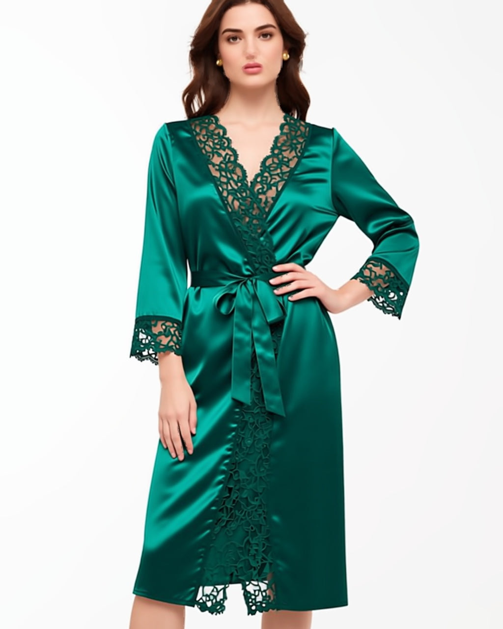 Lace Trim Satin Wrap Robe in Malachite Green, front view on model Layla (EUP-W04). onmodel