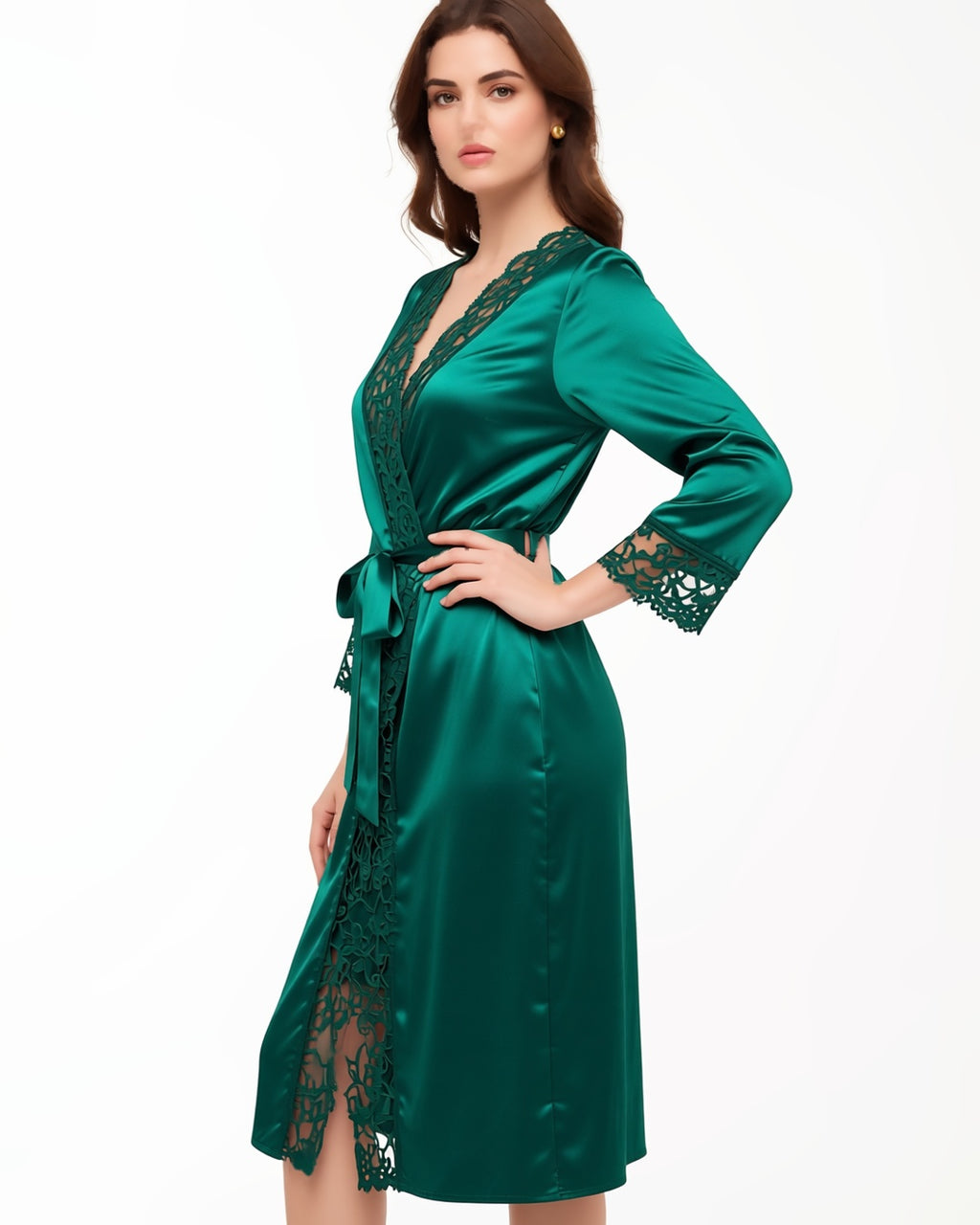Lace Trim Satin Wrap Robe in Malachite Green, three-quarter view on model Layla (EUP-W04). onmodel