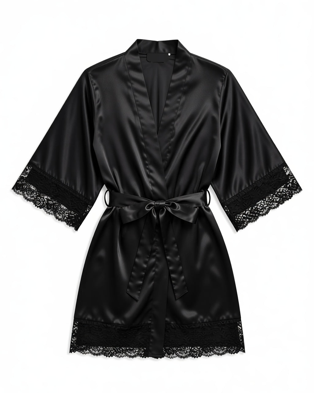 Belted Robe with Contrast Lace Trim, laid flat to show the full piece.