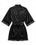 Belted Robe with Contrast Lace Trim, laid flat to show the full piece.