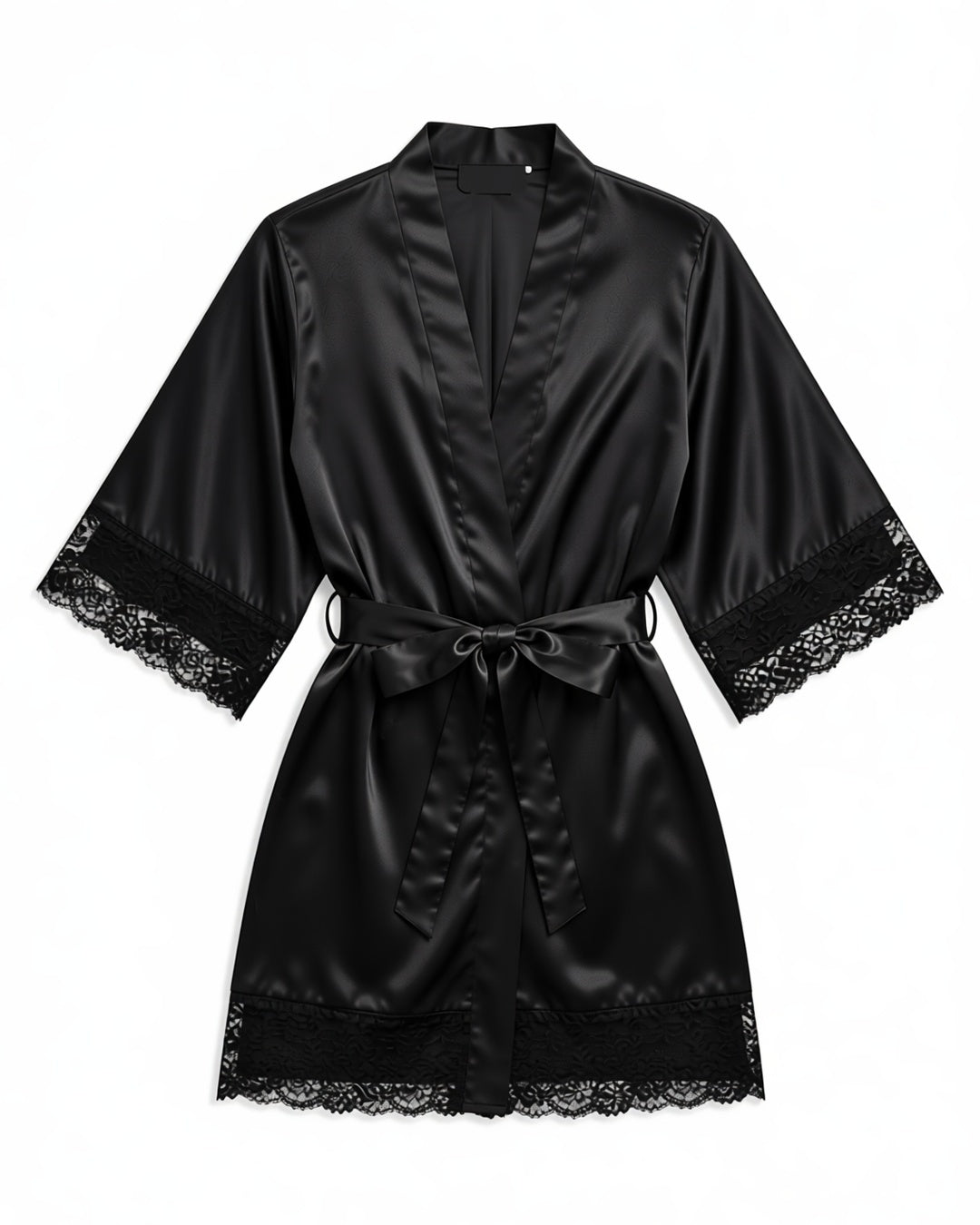 Belted Robe with Contrast Lace Trim, laid flat to show the full piece.