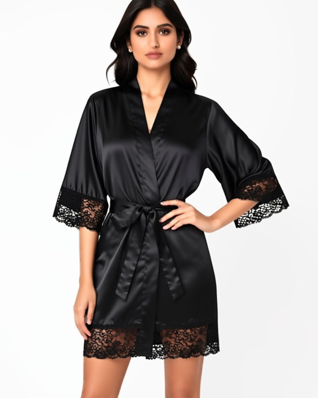Belted Robe with Contrast Lace Trim, front view on model Maya (EUP-W06). onmodel