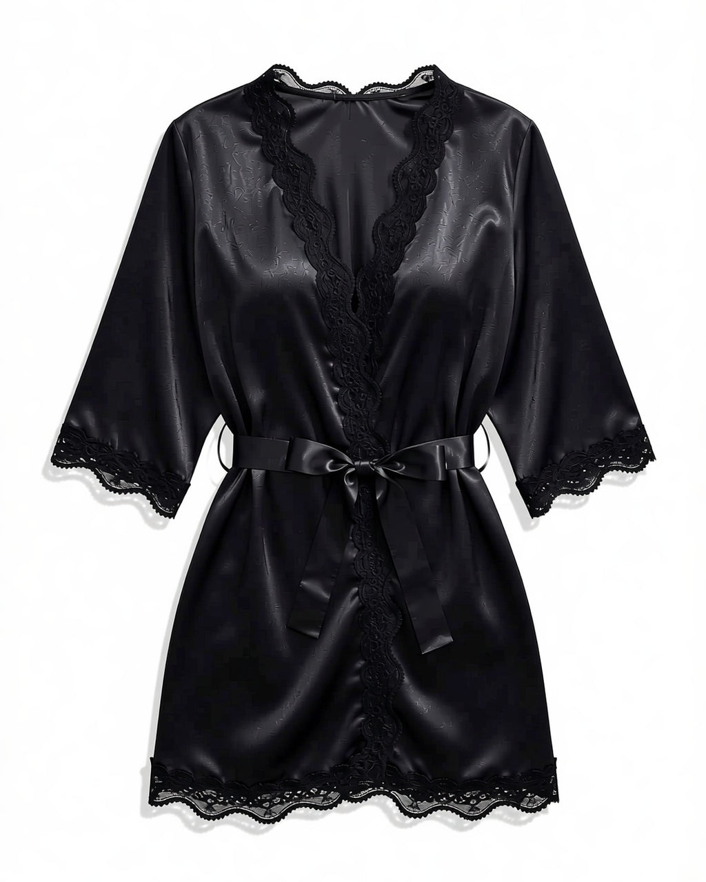 Satin and Lace Belted Dressing Gown in Black, laid flat to show the full piece.