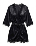 Satin and Lace Belted Dressing Gown in Black, laid flat to show the full piece.