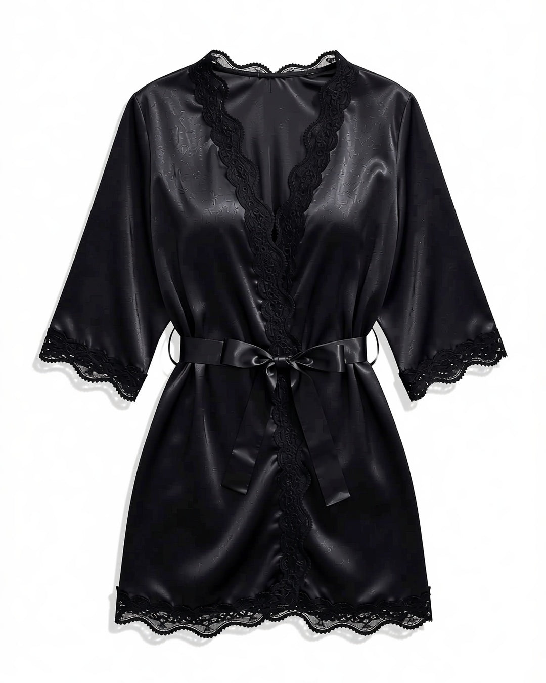 Satin and Lace Belted Dressing Gown in Black, laid flat to show the full piece.