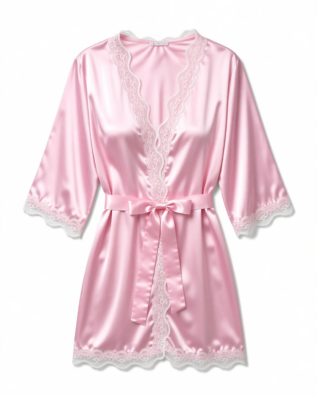 Satin and Lace Belted Dressing Gown in Pink, laid flat to show the full piece.