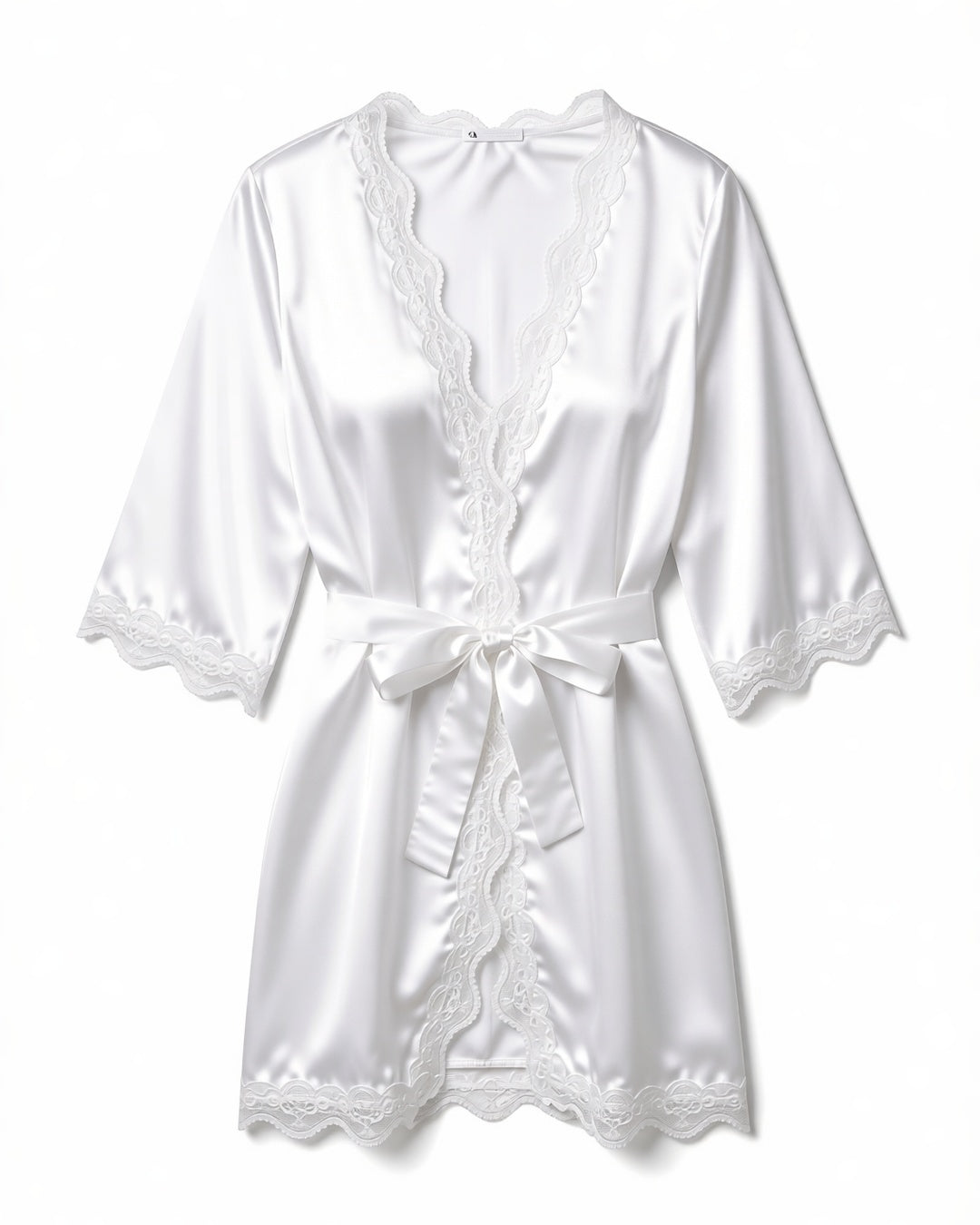 Satin and Lace Belted Dressing Gown in White, laid flat to show the full piece.
