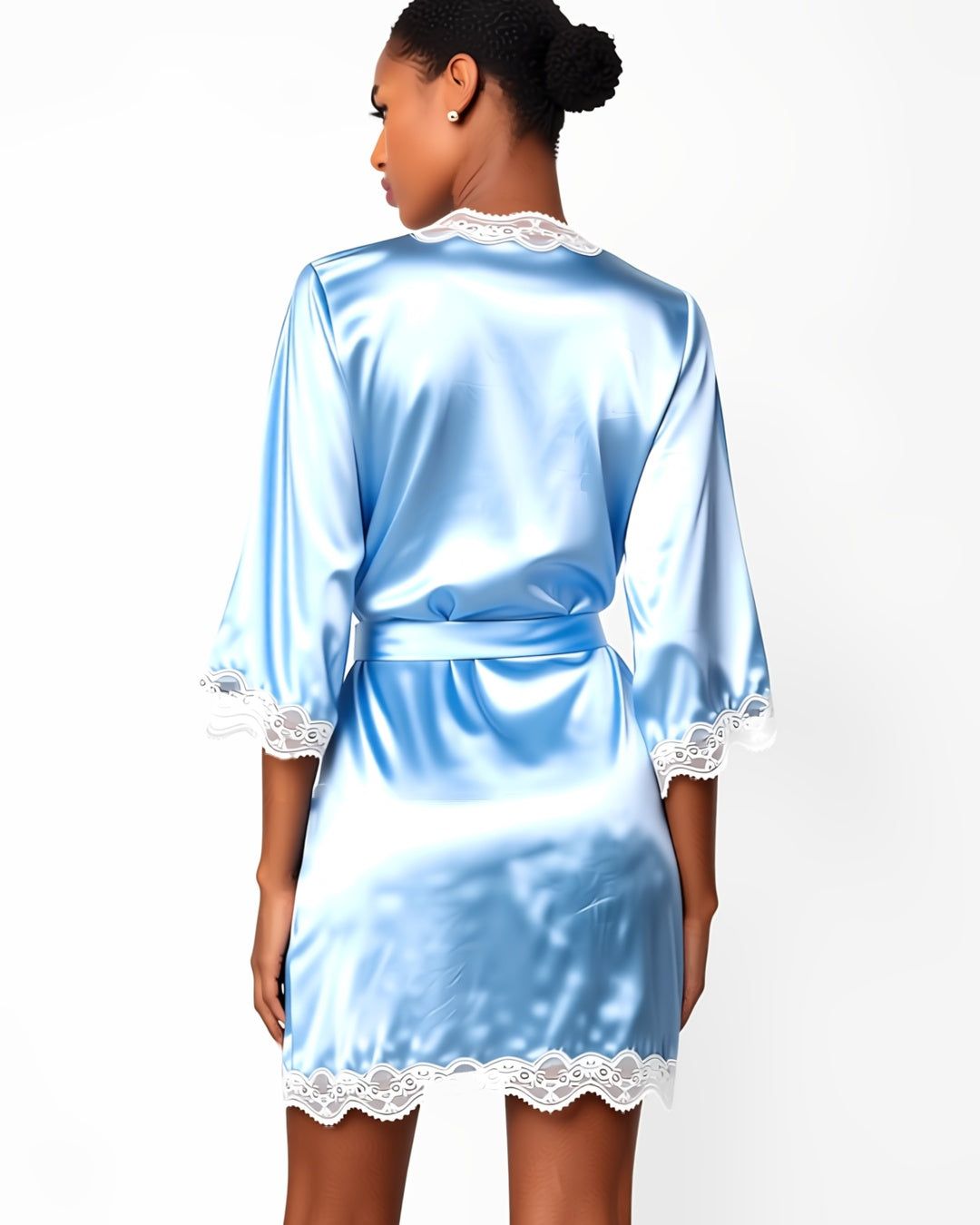 Satin and Lace Belted Dressing Gown in Sky Blue, back view on model Amira (EUP-W03). onmodel