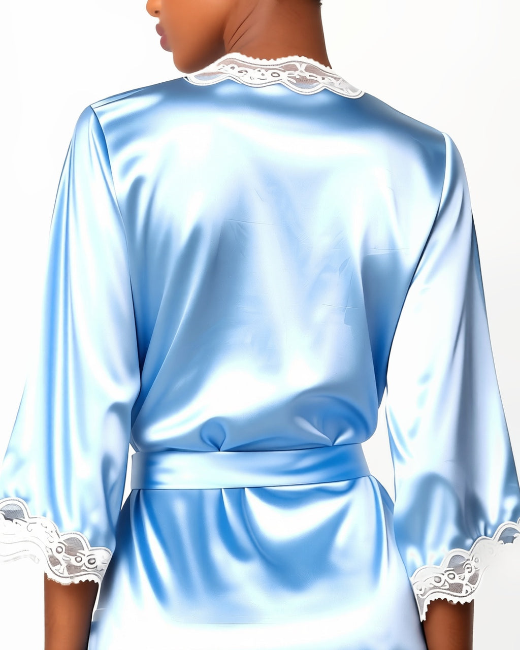 Satin and Lace Belted Dressing Gown, detail close-up of the back of the closed robe and its tied belt. onmodel