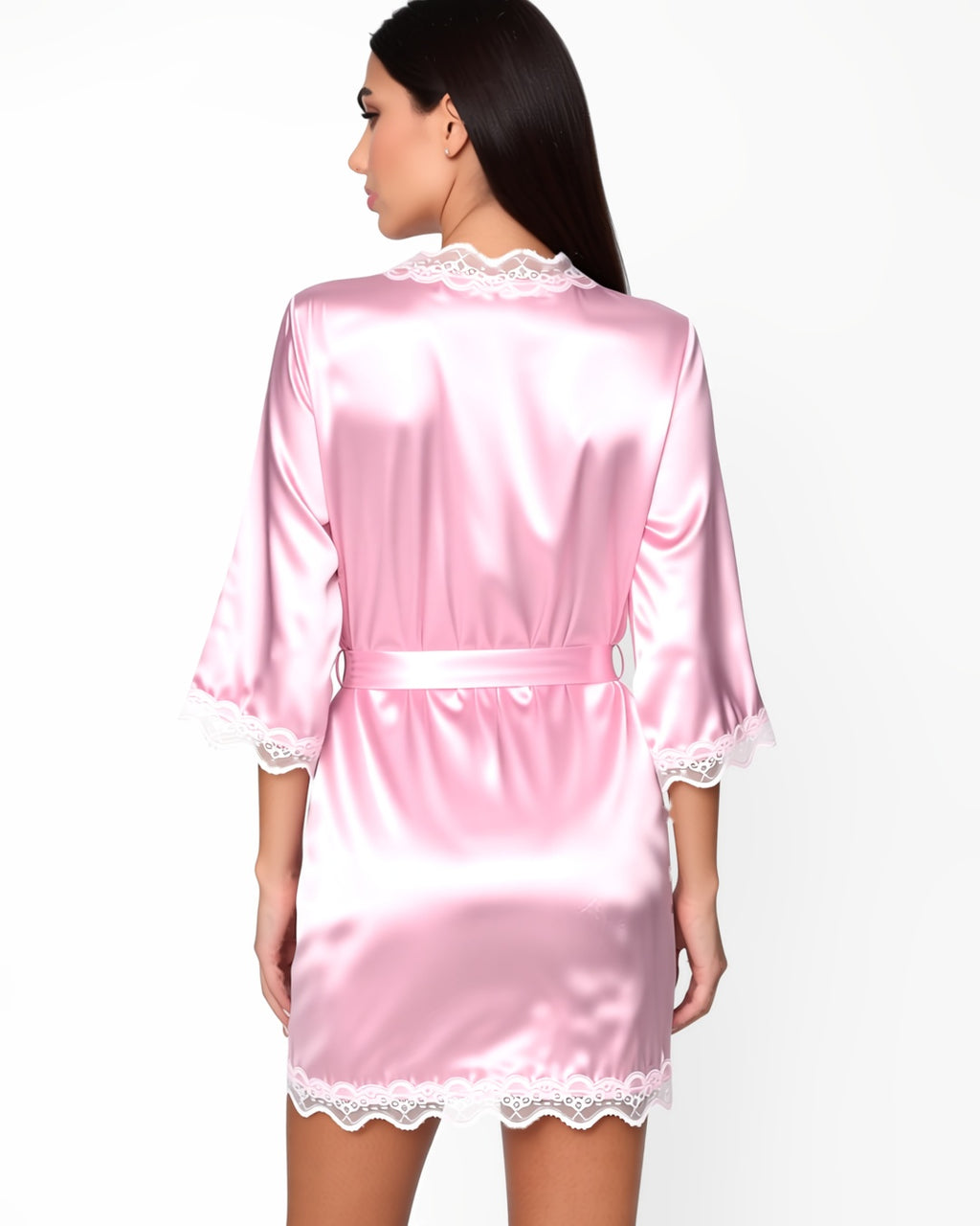 Satin and Lace Belted Dressing Gown in Pink, back view on model Dana (EUP-W09). onmodel
