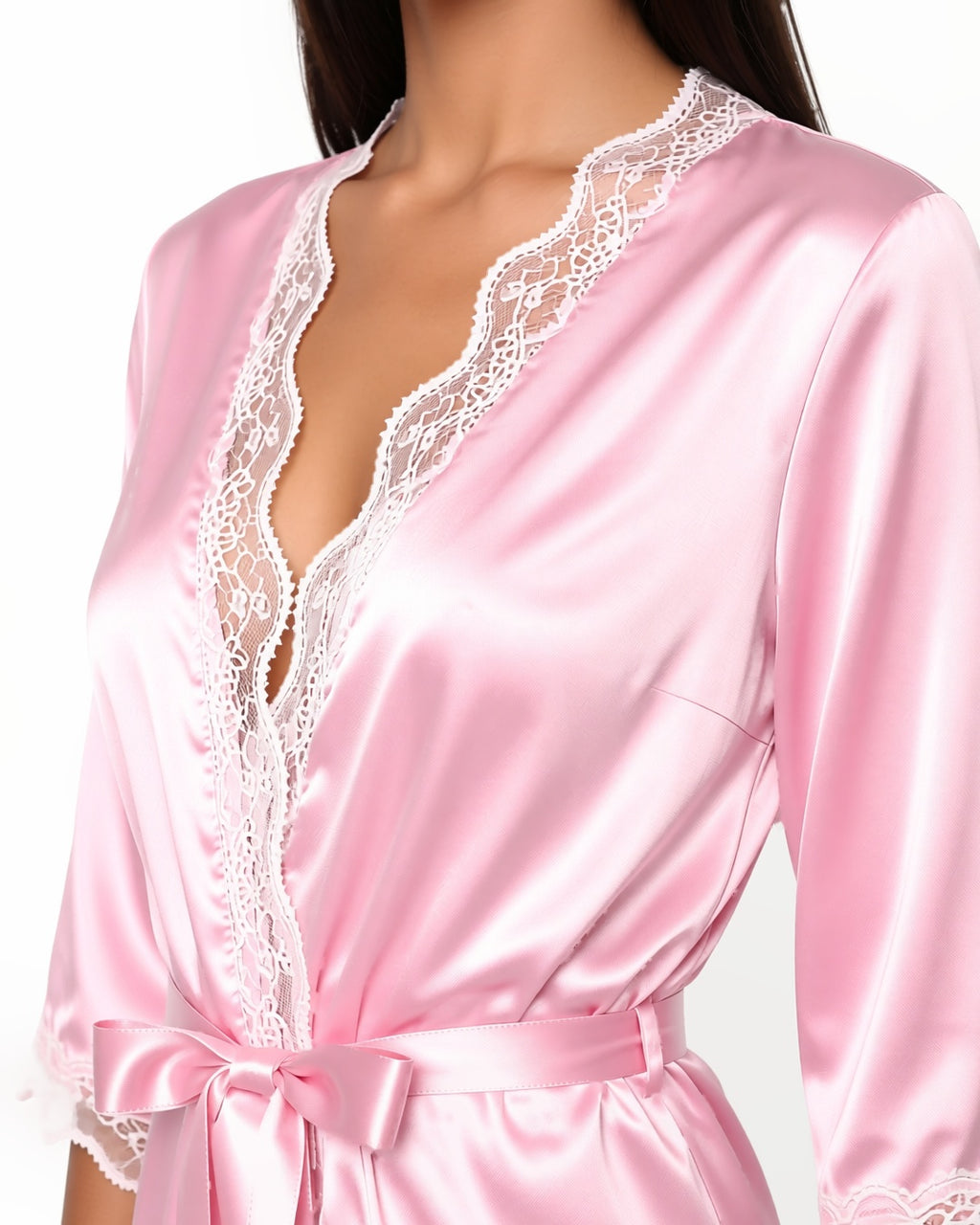 Satin and Lace Belted Dressing Gown in Pink, detail close-up of the satin and lace trim of the robe at the neckline, the sleeve and the tied belt. onmodel