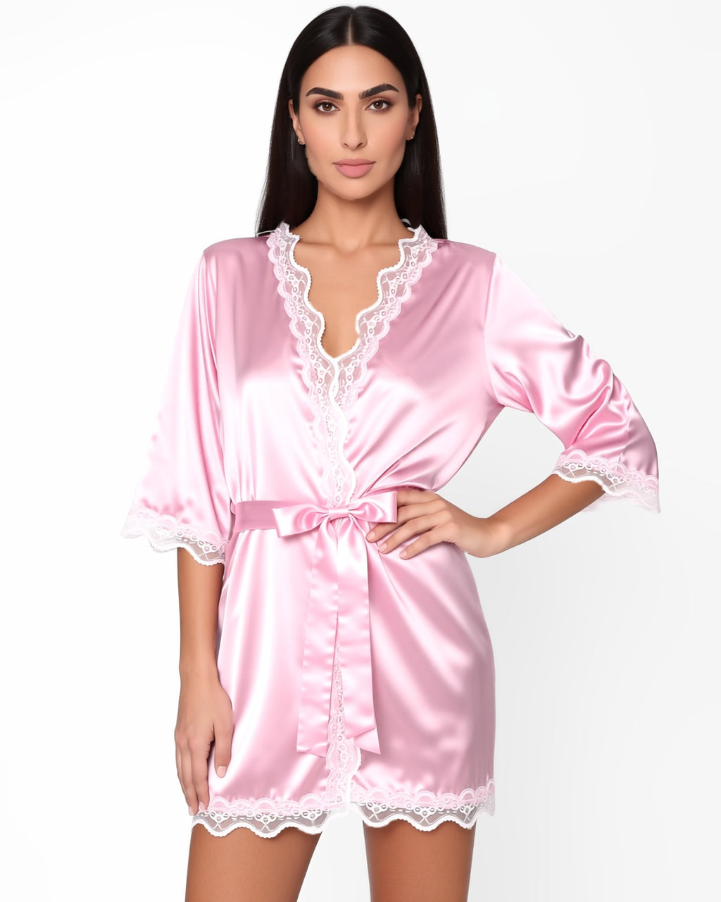 Satin and Lace Belted Dressing Gown in Pink, front view on model Dana (EUP-W09). onmodel