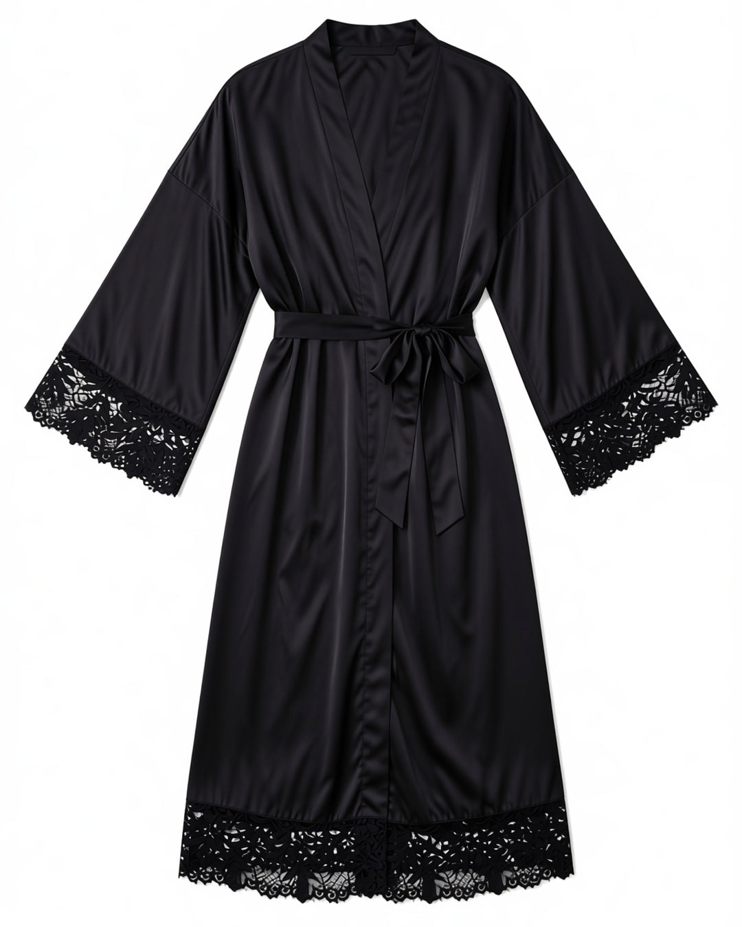 Long Satin Robe with Contrast Lace, laid flat to show the full piece.