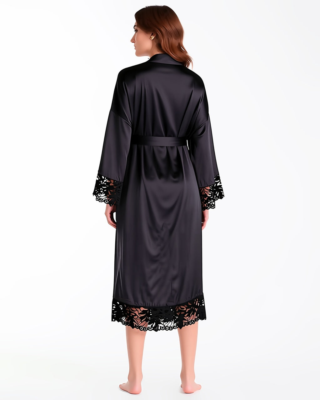 Long Satin Robe with Contrast Lace, back view on model Layla (EUP-W04). onmodel