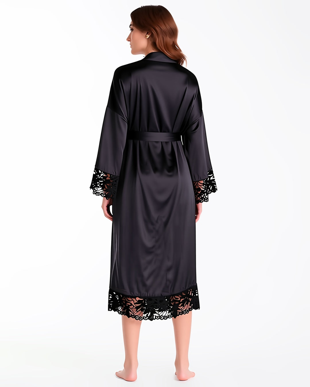 Long Satin Robe with Contrast Lace, back view on model Layla (EUP-W04). onmodel