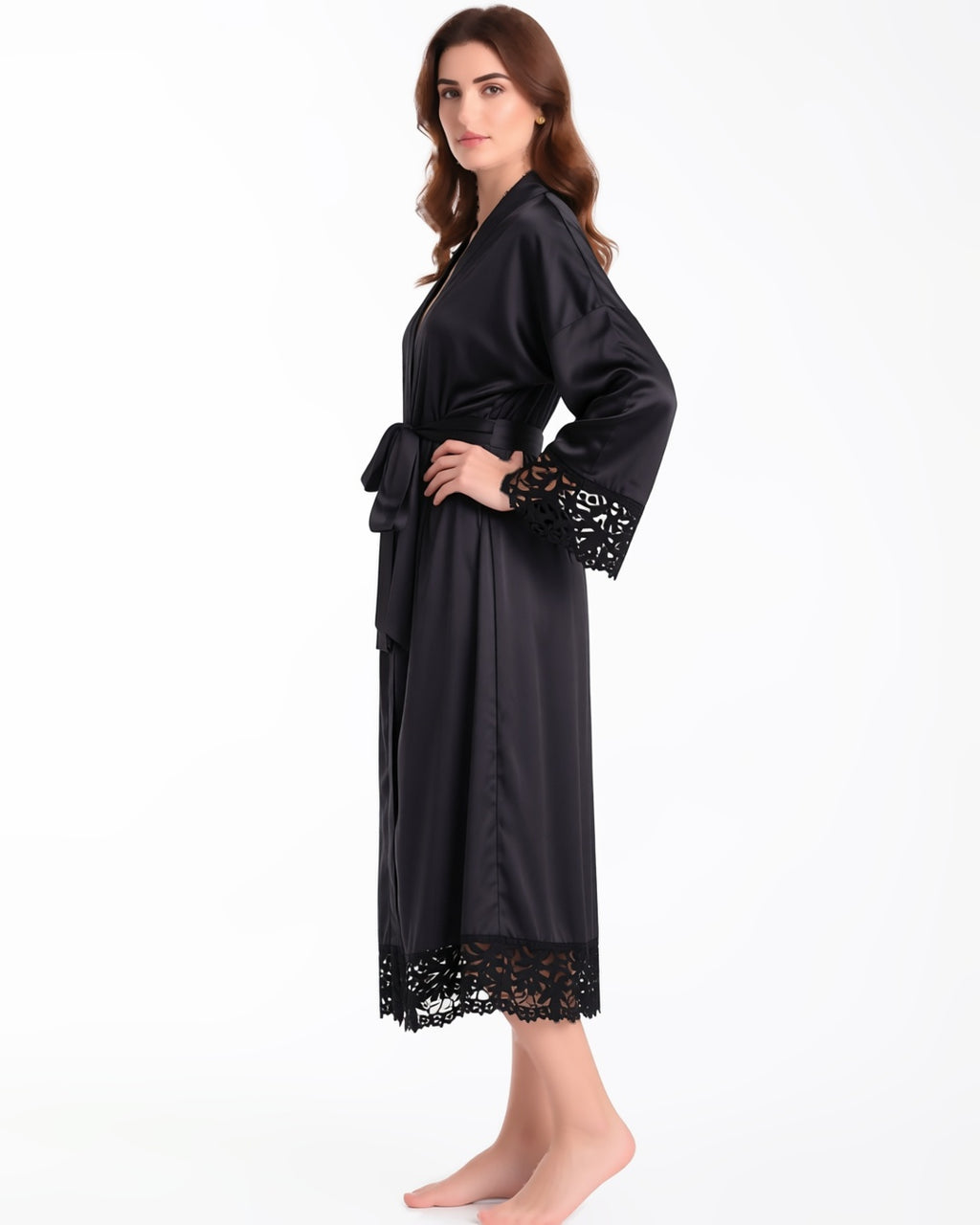 Long Satin Robe with Contrast Lace, three-quarter view on model Layla (EUP-W04). onmodel
