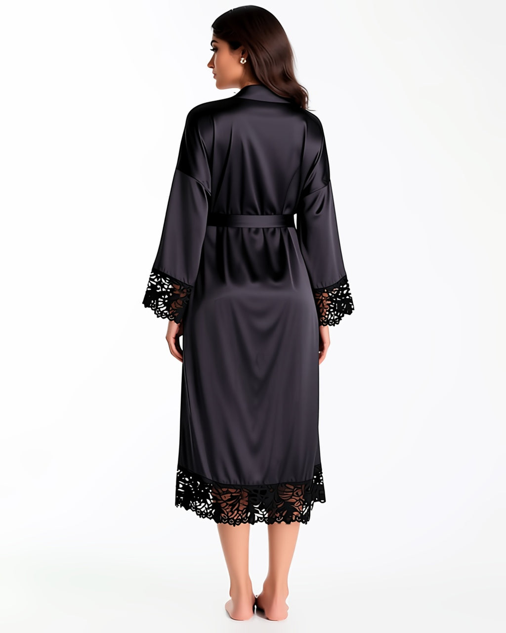 Long Satin Robe with Contrast Lace, back view on model Maya (EUP-W06). onmodel