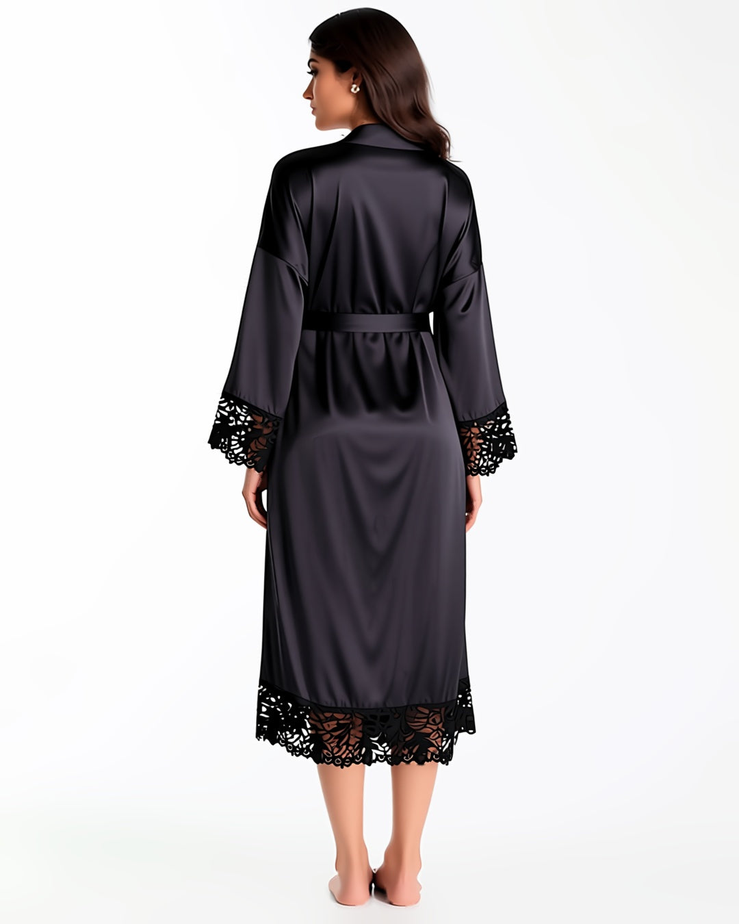 Long Satin Robe with Contrast Lace, back view on model Maya (EUP-W06). onmodel