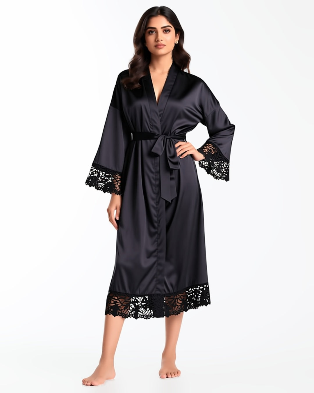 Long Satin Robe with Contrast Lace, front view on model Maya (EUP-W06). onmodel