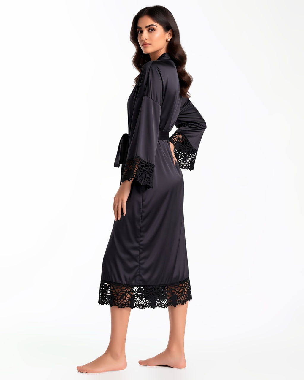 Long Satin Robe with Contrast Lace, three-quarter view on model Maya (EUP-W06). onmodel