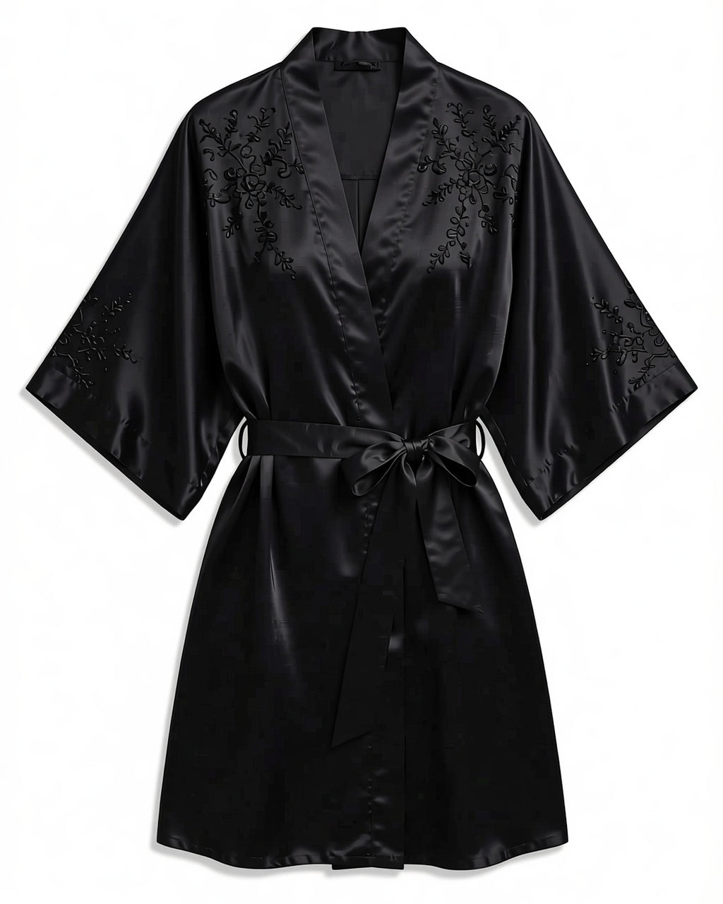 Black Satin Three-Quarter Sleeve Robe, laid flat to show the full piece.