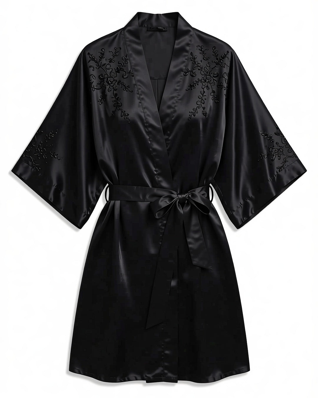 Black Satin Three-Quarter Sleeve Robe, laid flat to show the full piece.