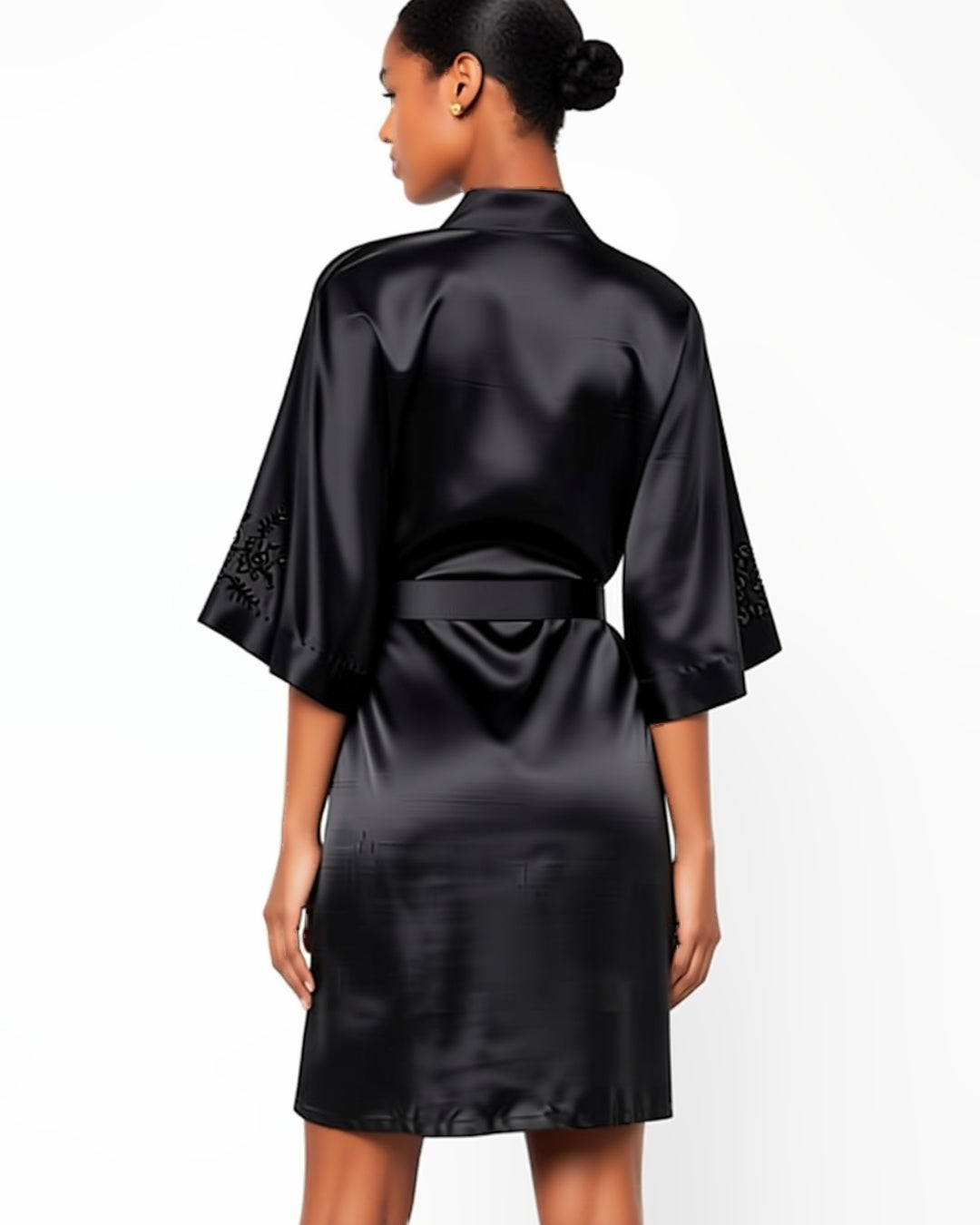 Black Satin Three-Quarter Sleeve Robe, back view on model Amira (EUP-W03). onmodel