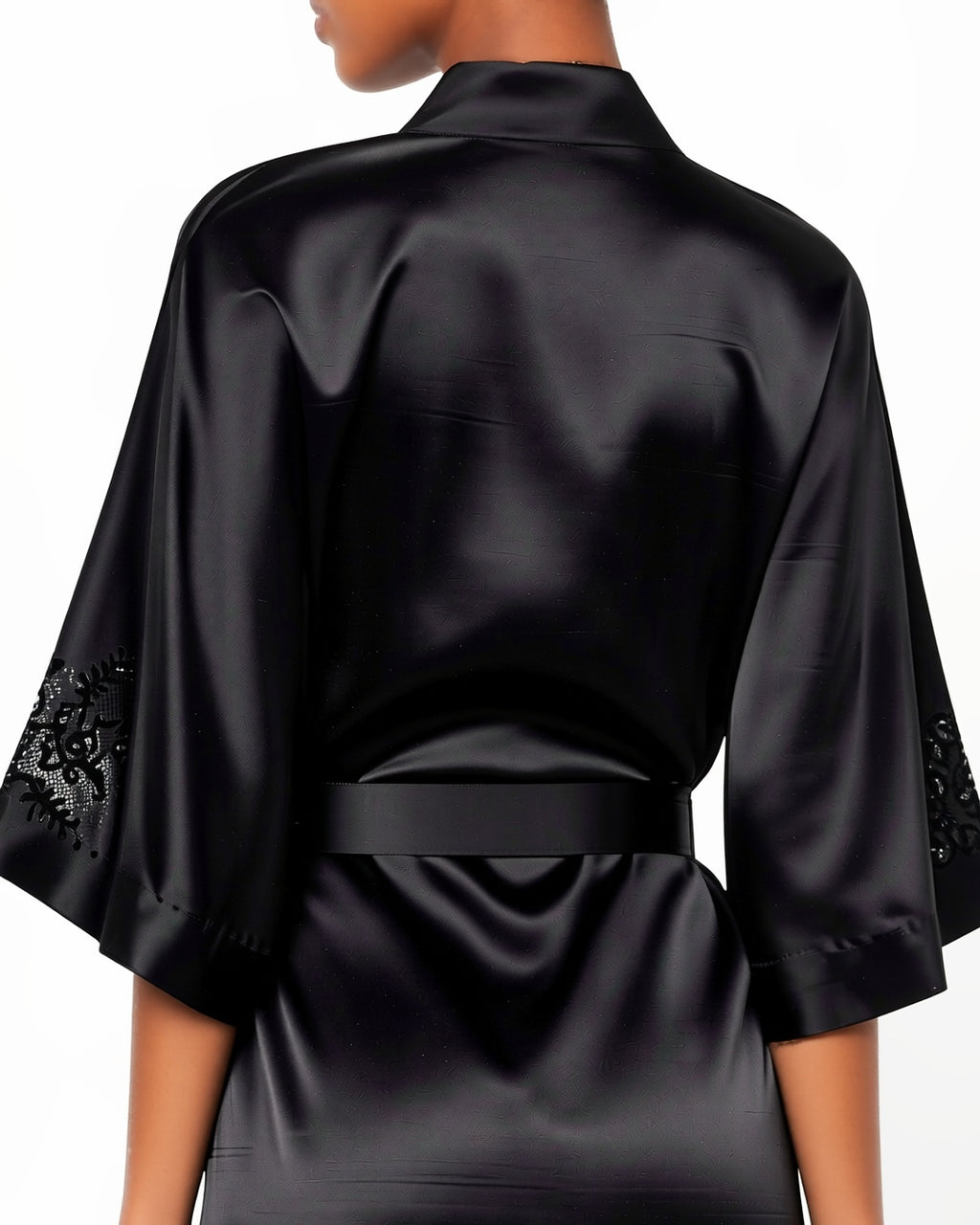 Black Satin Three-Quarter Sleeve Robe, detail close-up of the back of the closed robe and its tied belt. onmodel