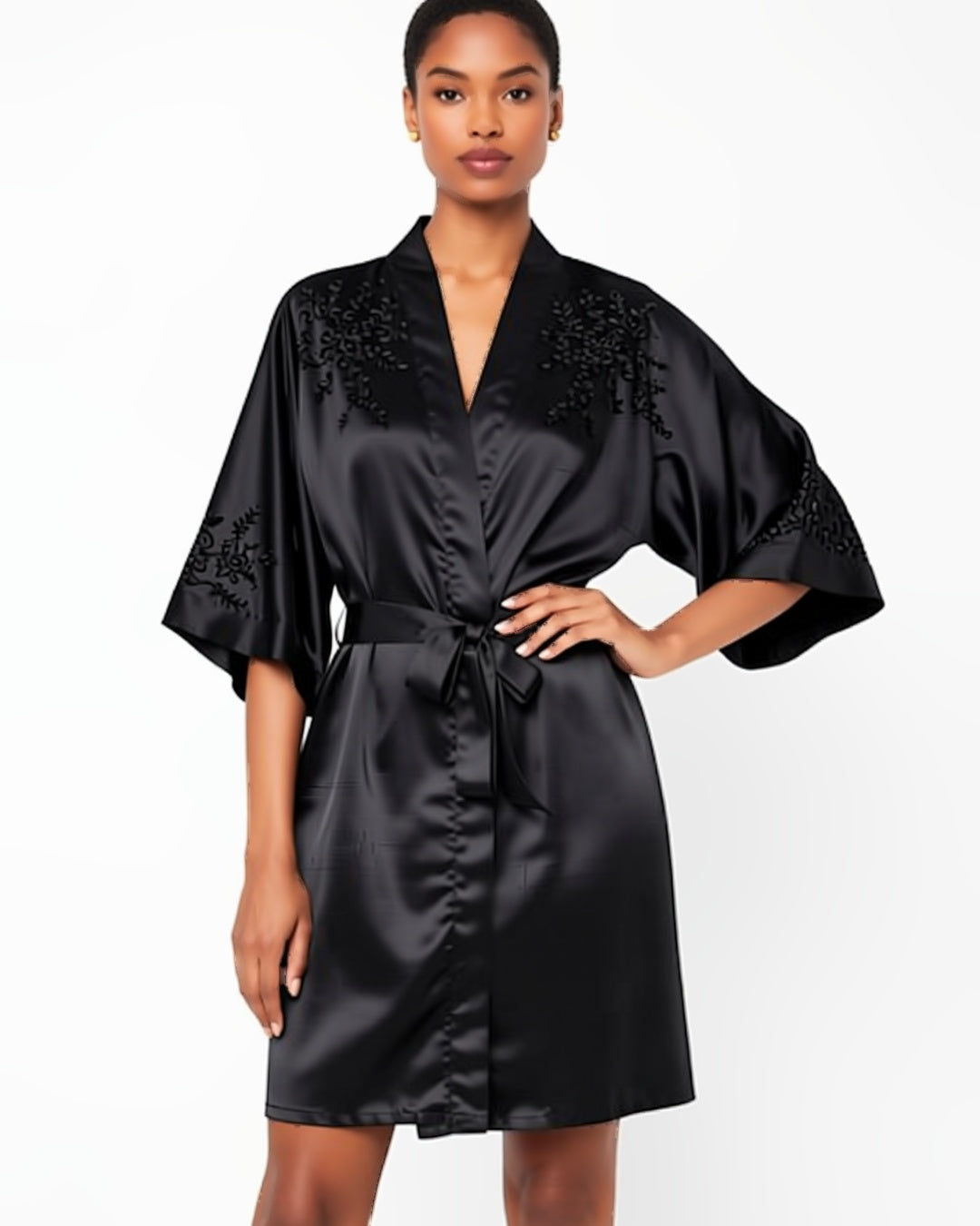 Black Satin Three-Quarter Sleeve Robe, front view on model Amira (EUP-W03). onmodel