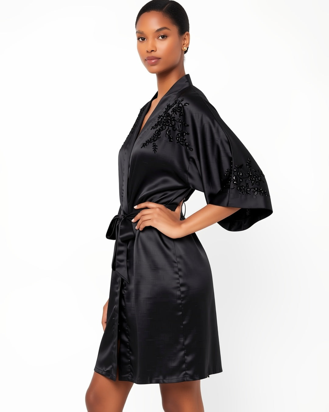 Black Satin Three-Quarter Sleeve Robe, three-quarter view on model Amira (EUP-W03). onmodel
