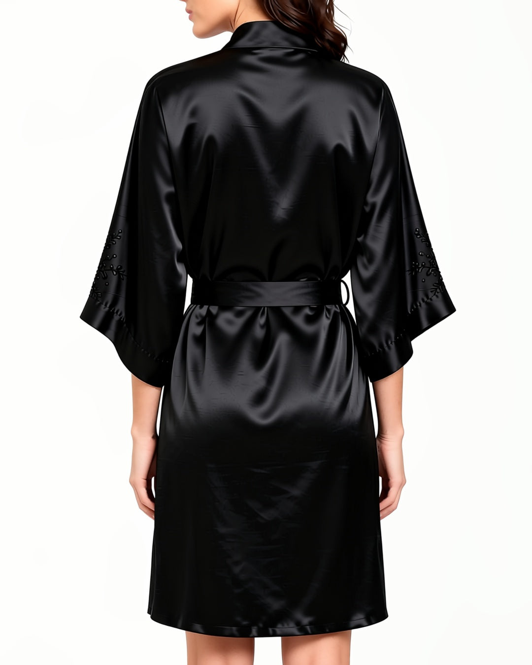 Black Satin Three-Quarter Sleeve Robe, back view on model Layla (EUP-W04). onmodel