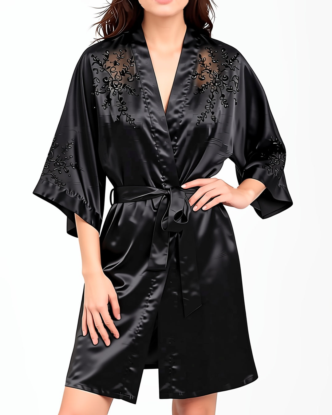 Black Satin Three-Quarter Sleeve Robe, front view on model Layla (EUP-W04). onmodel