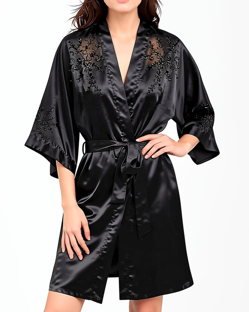 Black Satin Three-Quarter Sleeve Robe, front view on model Layla (EUP-W04). onmodel