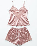 Satin Cami and Shorts Set with Lace Back in Pink Red, laid flat to show the full piece.