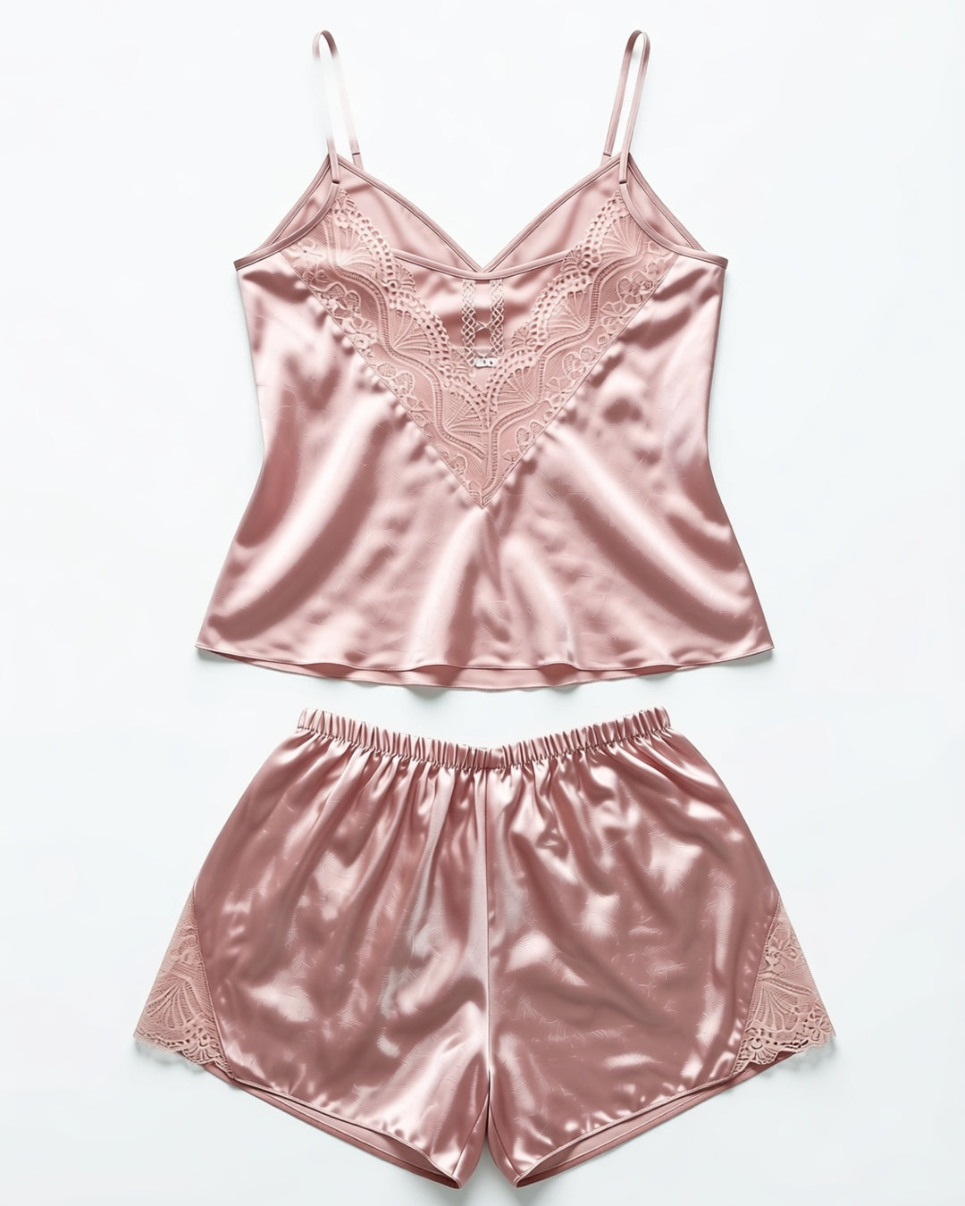Satin Cami and Shorts Set with Lace Back in Pink Red, laid flat to show the full piece.
