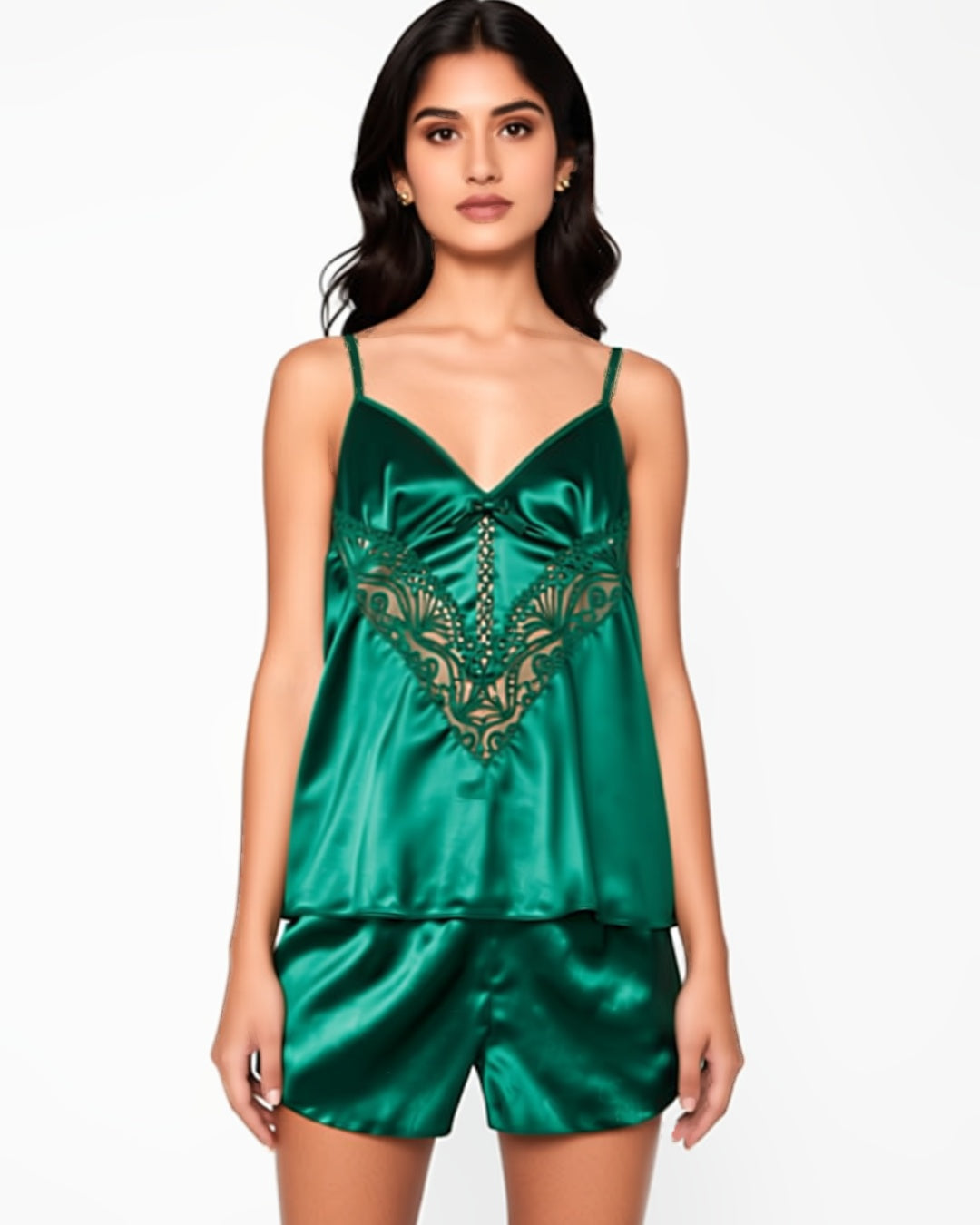 Satin Cami and Shorts Set with Lace Back in Dark Green, front view on model Maya (EUP-W06). onmodel