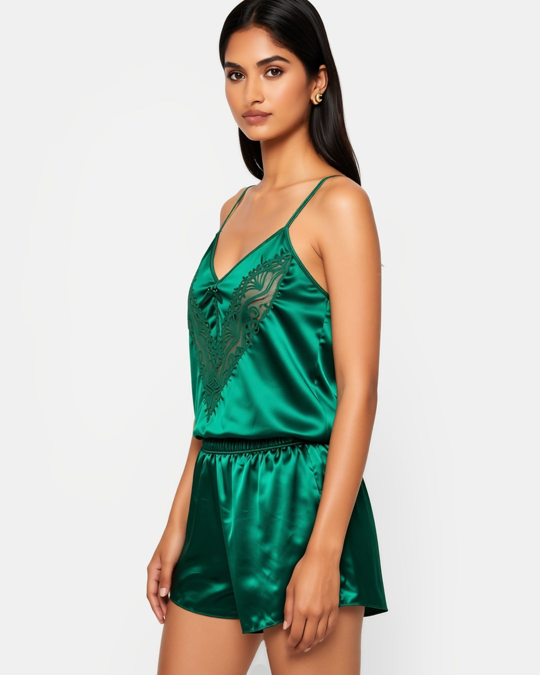 Satin Cami and Shorts Set with Lace Back in Dark Green, three-quarter view on model Maya (EUP-W06). onmodel