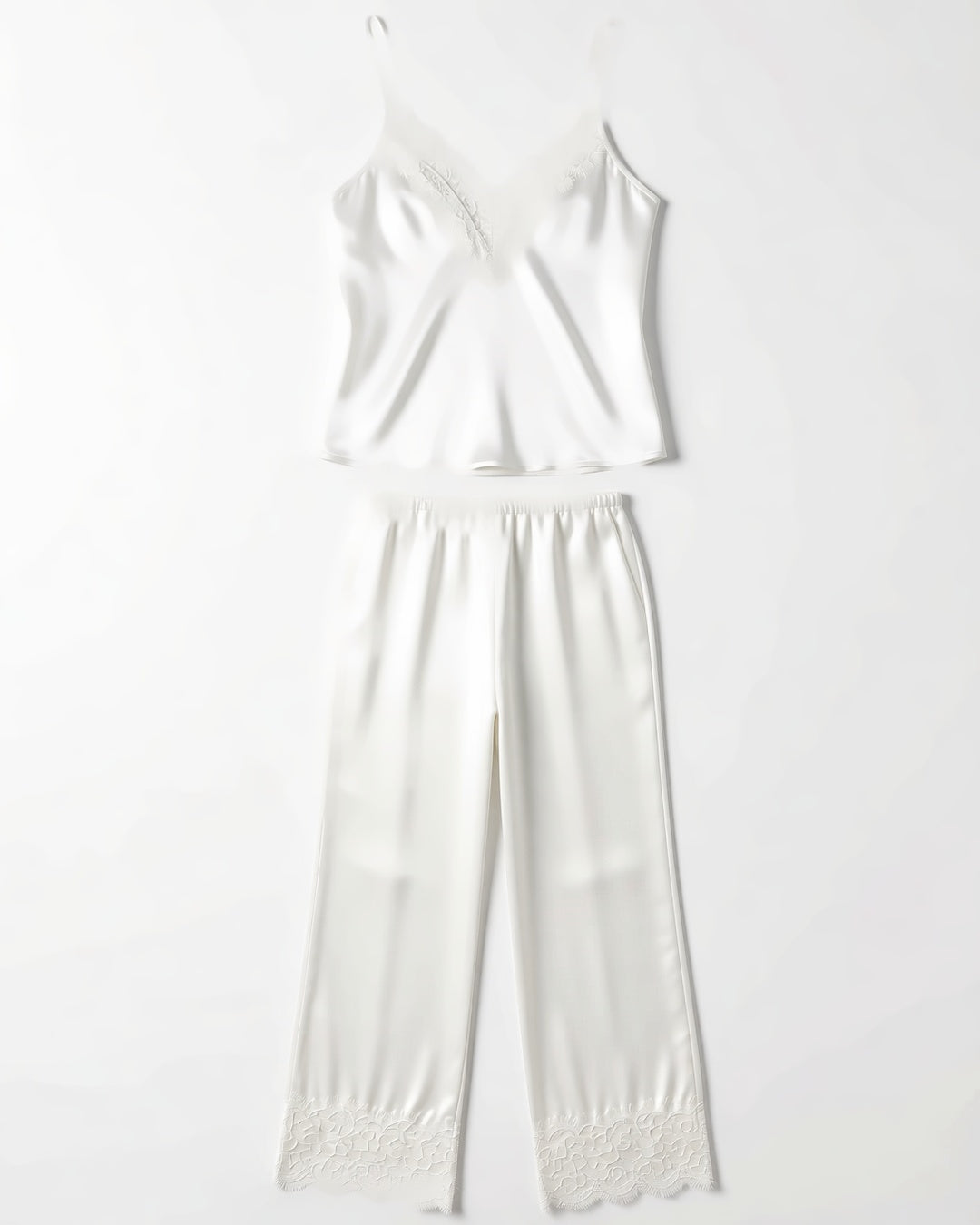 Satin Cami and Trousers Pyjama Set with Eyelash Lace in White, laid flat to show the full piece.